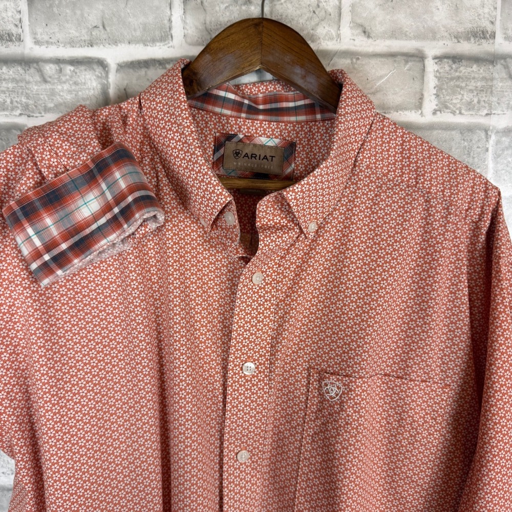 Ariat Mens XXL Wrinkle-Free Button Down Shirt Coral Orange Geometric Floral